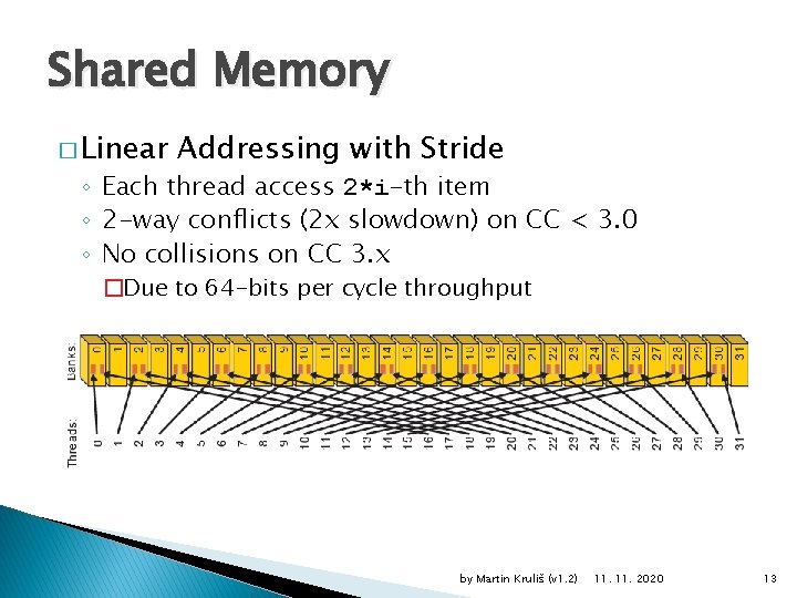 Shared Memory � Linear Addressing with Stride ◦ Each thread access 2*i-th item ◦