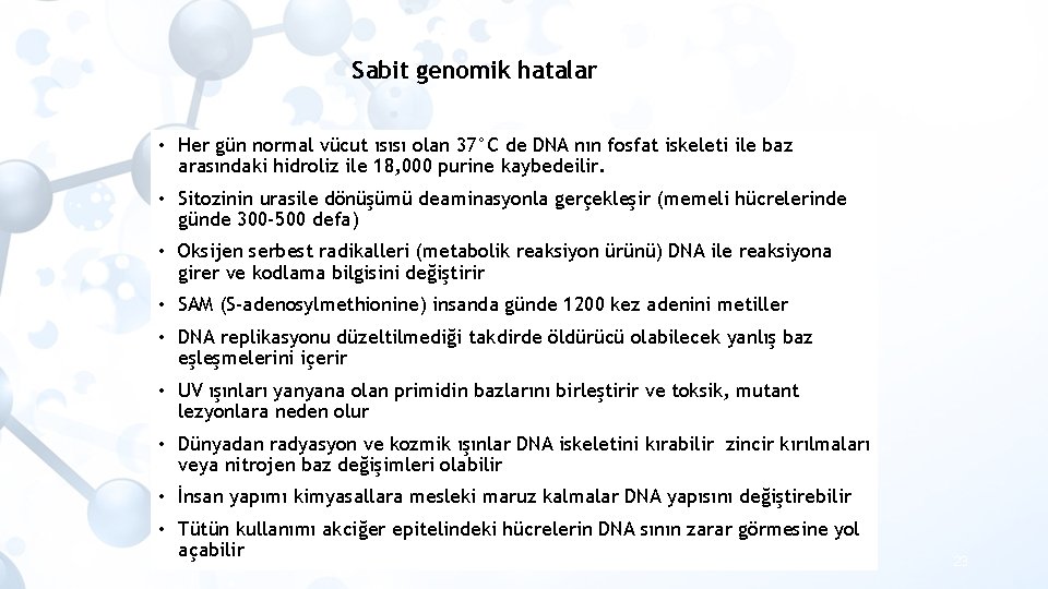 Sabit genomik hatalar • Her gün normal vücut ısısı olan 37°C de DNA nın