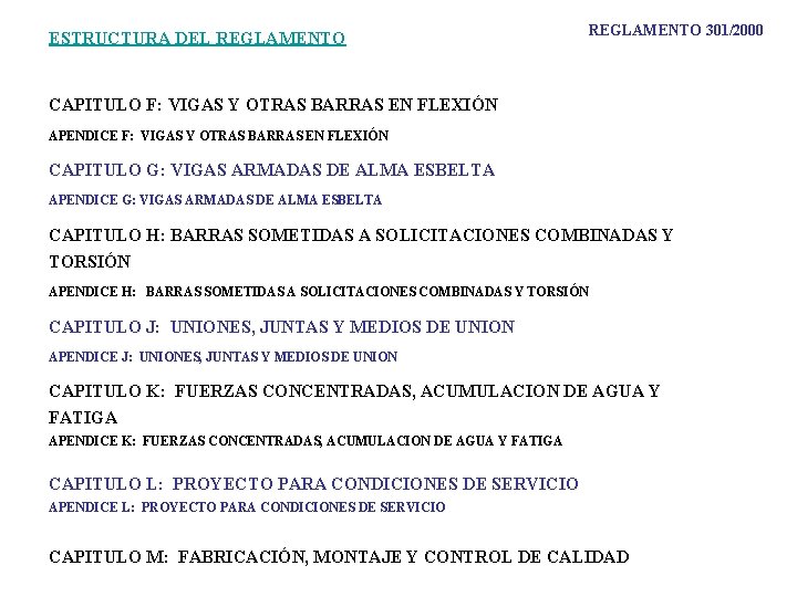 ESTRUCTURA DEL REGLAMENTO 301/2000 CAPITULO F: VIGAS Y OTRAS BARRAS EN FLEXIÓN APENDICE F: