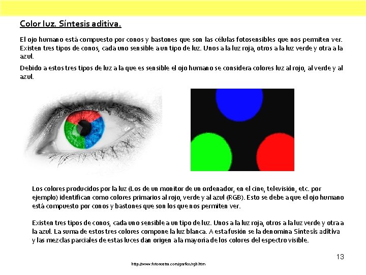 Color luz. Síntesis aditiva. El ojo humano está compuesto por conos y bastones que