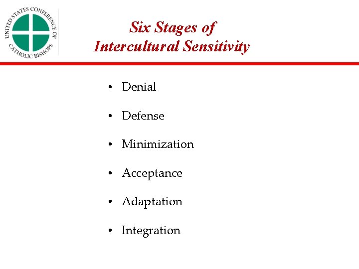 Six Stages of Intercultural Sensitivity • Denial • Defense • Minimization • Acceptance •