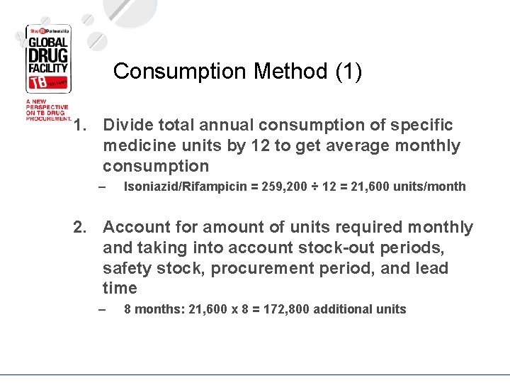 Consumption Method (1) 1. Divide total annual consumption of specific medicine units by 12