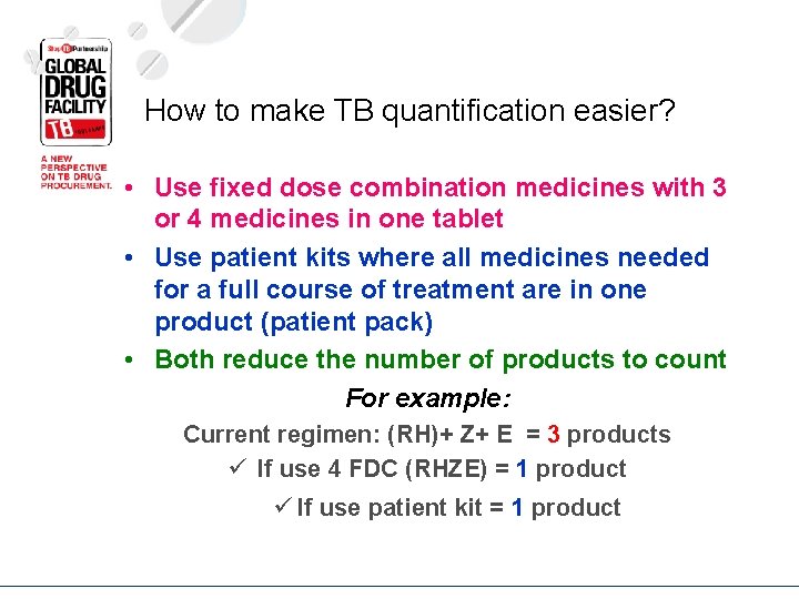 How to make TB quantification easier? • Use fixed dose combination medicines with 3