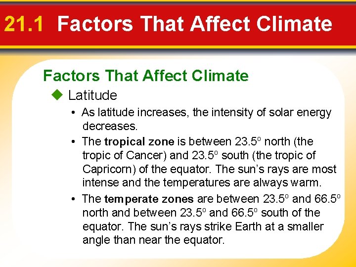 21. 1 Factors That Affect Climate Latitude • As latitude increases, the intensity of