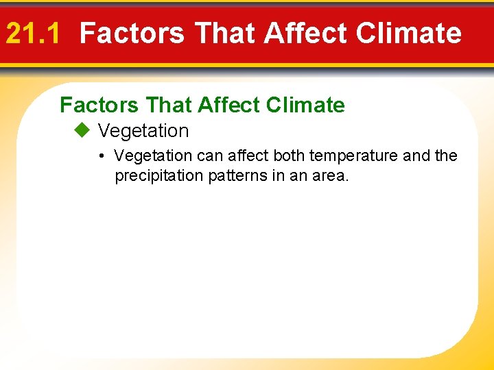 21. 1 Factors That Affect Climate Vegetation • Vegetation can affect both temperature and