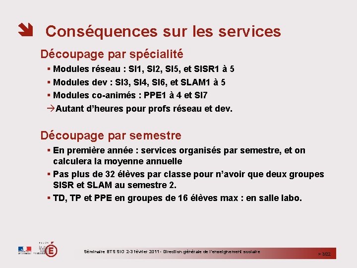  Conséquences sur les services Découpage par spécialité Modules réseau : SI 1, SI