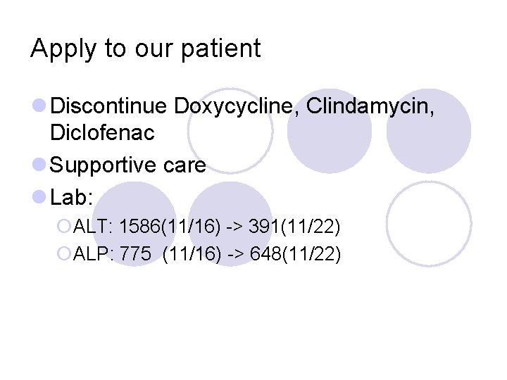 Apply to our patient l Discontinue Doxycycline, Clindamycin, Diclofenac l Supportive care l Lab: