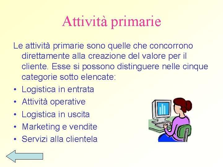 Attività primarie Le attività primarie sono quelle che concorrono direttamente alla creazione del valore