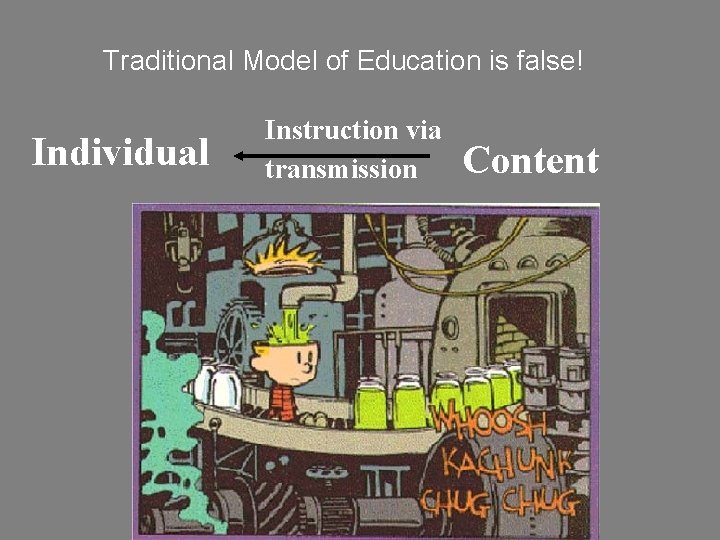 Traditional Model of Education is false! Individual Instruction via transmission Content 