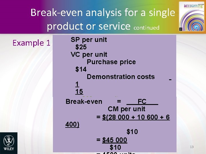 Break-even analysis for a single product or service continued Example 1 SP per unit