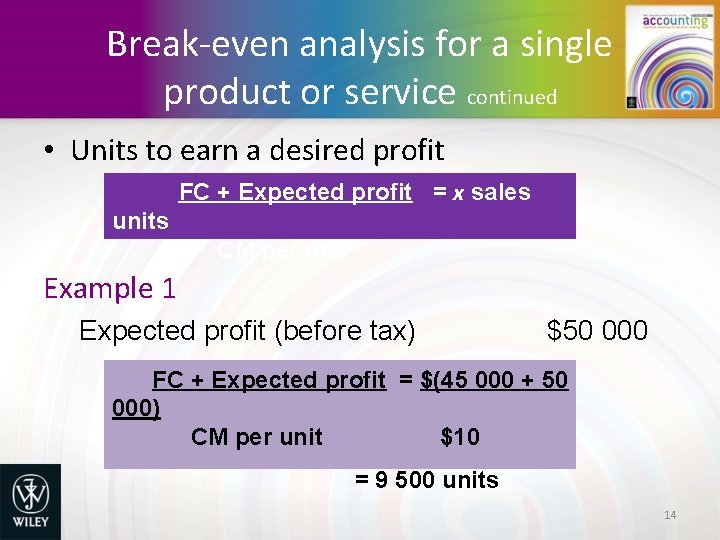 Break-even analysis for a single product or service continued • Units to earn a