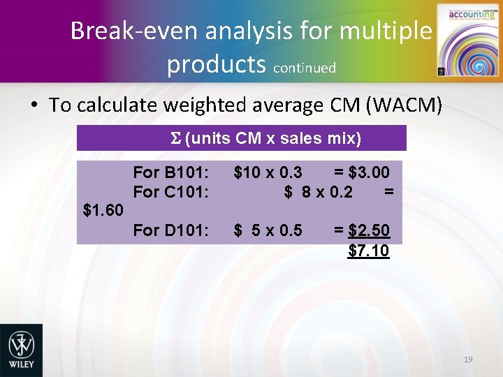 Break-even analysis for multiple products continued • To calculate weighted average CM (WACM) (units