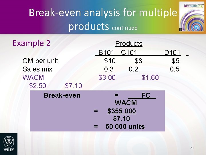 Break-even analysis for multiple products continued Example 2 Products B 101 C 101 D
