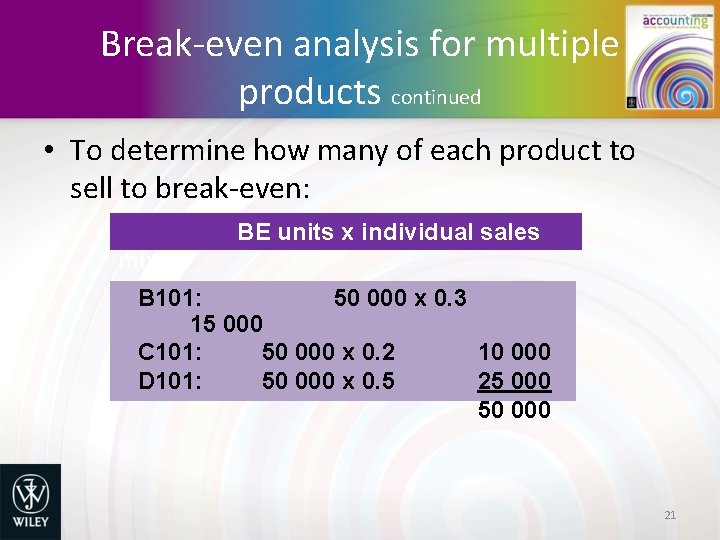 Break-even analysis for multiple products continued • To determine how many of each product