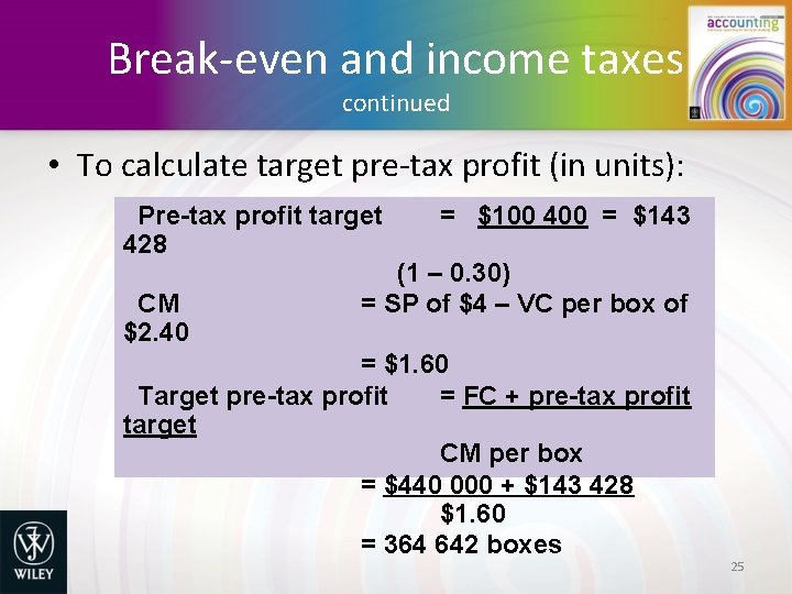 Break-even and income taxes continued • To calculate target pre-tax profit (in units): Pre-tax