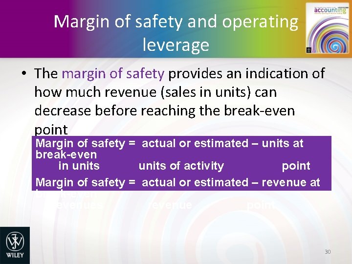 Margin of safety and operating leverage • The margin of safety provides an indication