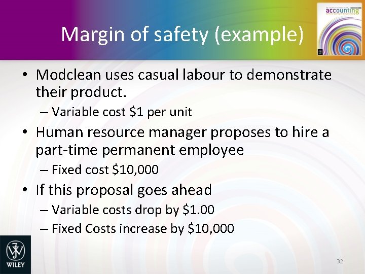 Margin of safety (example) • Modclean uses casual labour to demonstrate their product. –