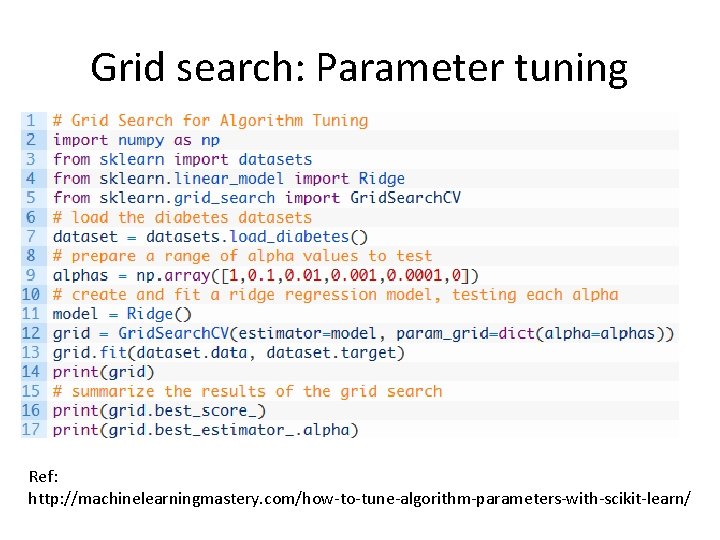 Grid search: Parameter tuning Ref: http: //machinelearningmastery. com/how-to-tune-algorithm-parameters-with-scikit-learn/ 