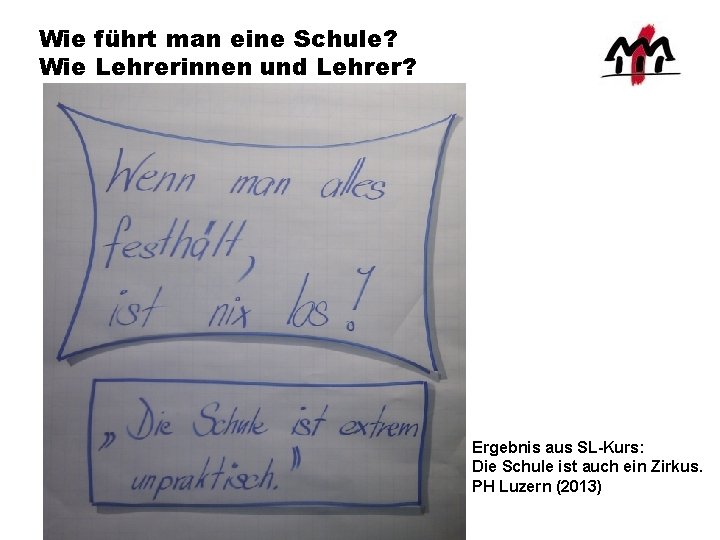 Wie führt man eine Schule? Wie Lehrerinnen und Lehrer? Ergebnis aus SL-Kurs: Die Schule