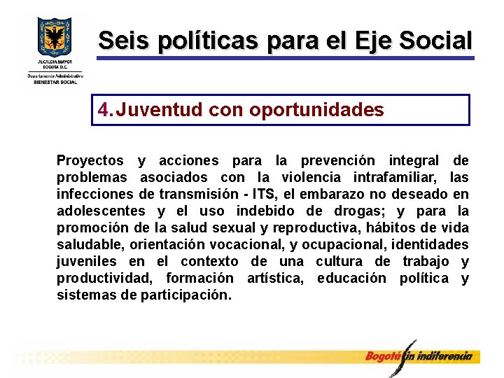 Seis políticas para el Eje Social 4. Juventud con oportunidades Proyectos y acciones para