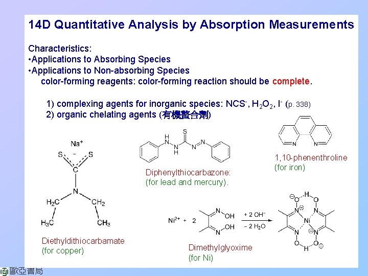 14 D Quantitative Analysis by Absorption Measurements Characteristics: • Applications to Absorbing Species •