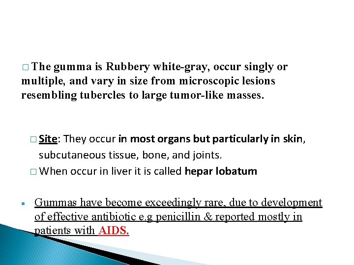 � The gumma is Rubbery white-gray, occur singly or multiple, and vary in size