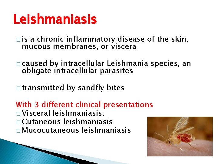Leishmaniasis � is a chronic inflammatory disease of the skin, mucous membranes, or viscera