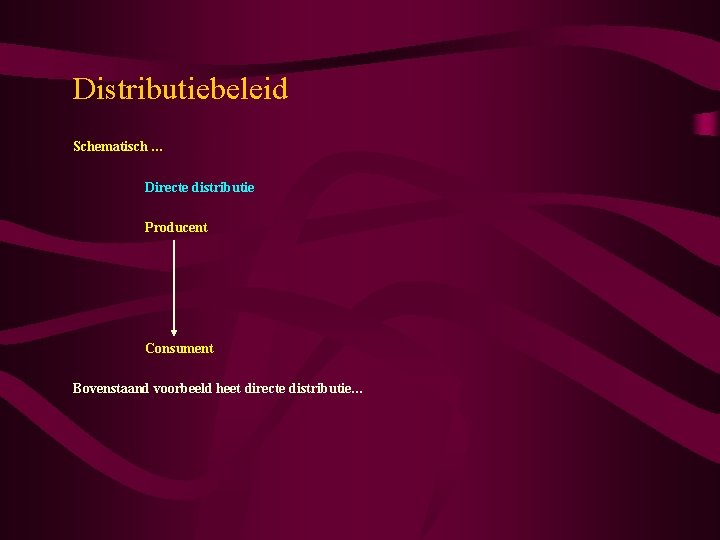 Distributiebeleid Schematisch … Directe distributie Producent Consument Bovenstaand voorbeeld heet directe distributie… 