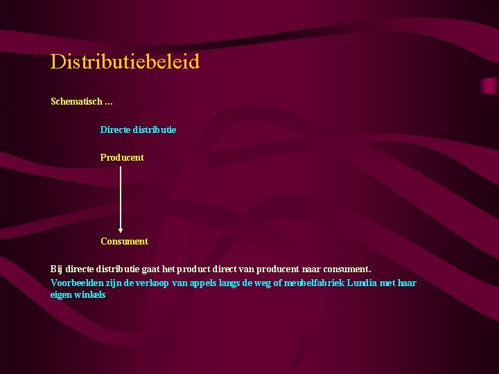 Distributiebeleid Schematisch … Directe distributie Producent Consument Bij directe distributie gaat het product direct