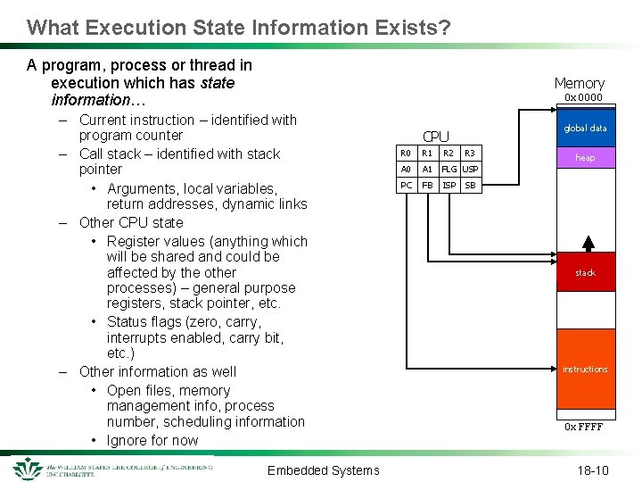 What Execution State Information Exists? A program, process or thread in execution which has