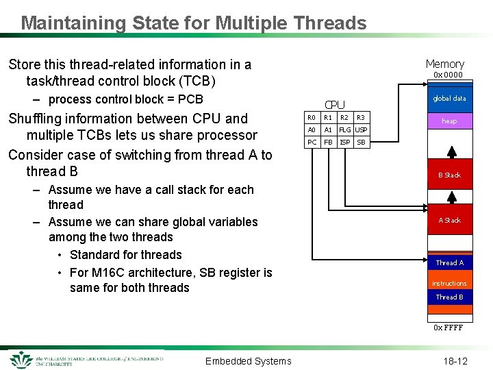 Maintaining State for Multiple Threads Store this thread-related information in a task/thread control block