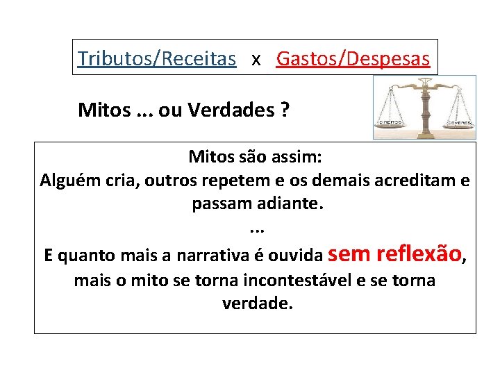 Tributos/Receitas x Gastos/Despesas Mitos. . . ou Verdades ? Mitos são assim: Alguém cria,