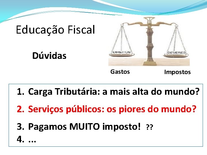 Educação Fiscal Dúvidas Gastos Impostos 1. Carga Tributária: a mais alta do mundo? 2.