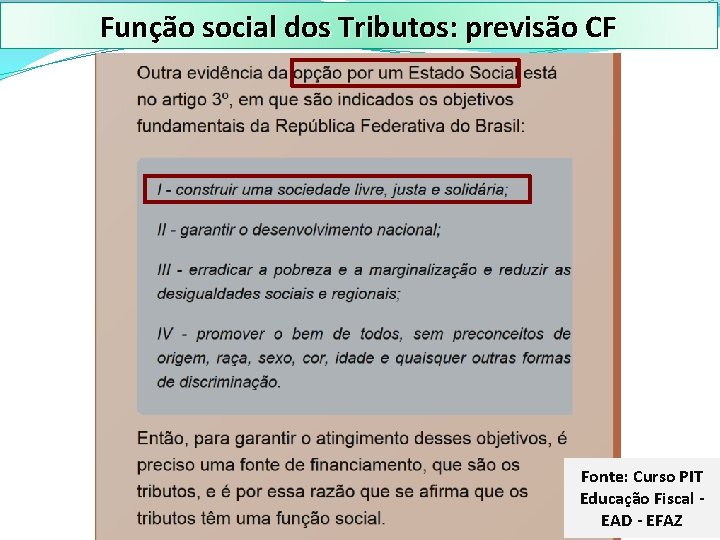 Função social dos Tributos: previsão CF Fonte: Curso PIT Educação Fiscal EAD - EFAZ