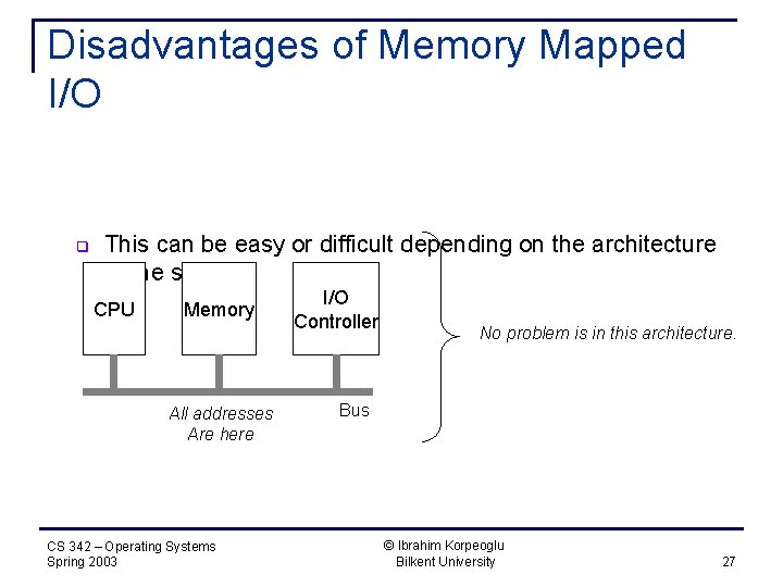 Disadvantages of Memory Mapped I/O q This can be easy or difficult depending on