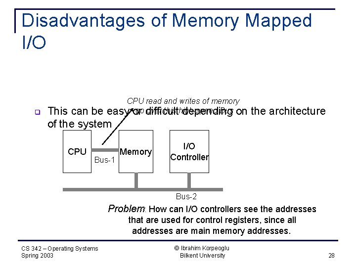 Disadvantages of Memory Mapped I/O q CPU read and writes of memory go difficult