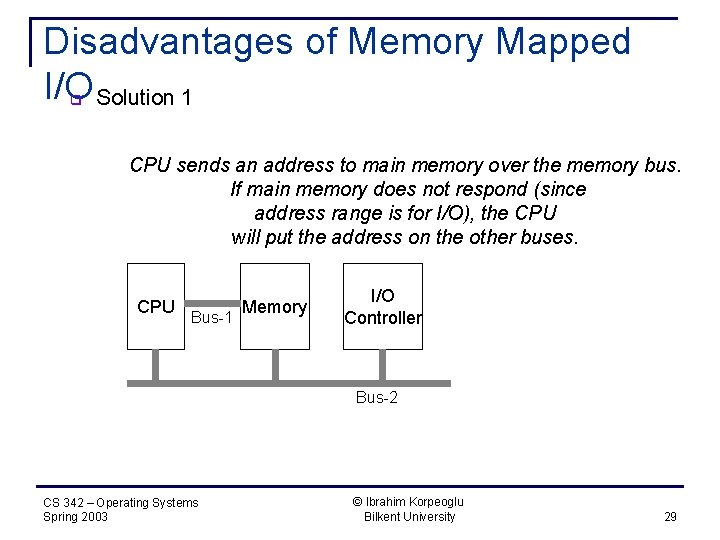 Disadvantages of Memory Mapped I/O Solution 1 q CPU sends an address to main