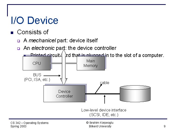 I/O Device n Consists of q q A mechanicel part: device itself An electronic