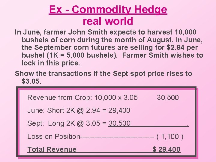 Ex - Commodity Hedge real world In June, farmer John Smith expects to harvest