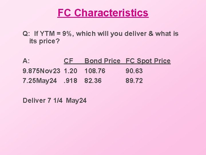 FC Characteristics Q: If YTM = 9%, which will you deliver & what is