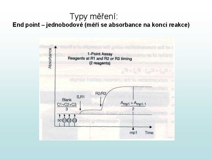 Typy měření: End point – jednobodové (měří se absorbance na konci reakce) Typy měření: End point – jednobodové (měří se absorbance na konci reakce)