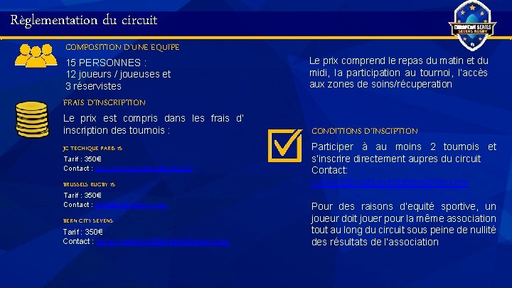 Règlementation du circuit COMPOSITION D’UNE EQUIPE 15 PERSONNES : 12 joueurs / joueuses et