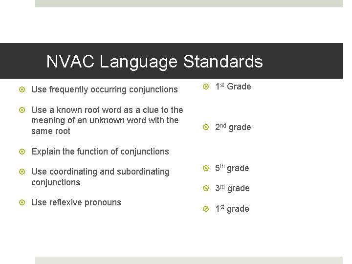 NVAC Language Standards Use frequently occurring conjunctions 1 st Grade Use a known root