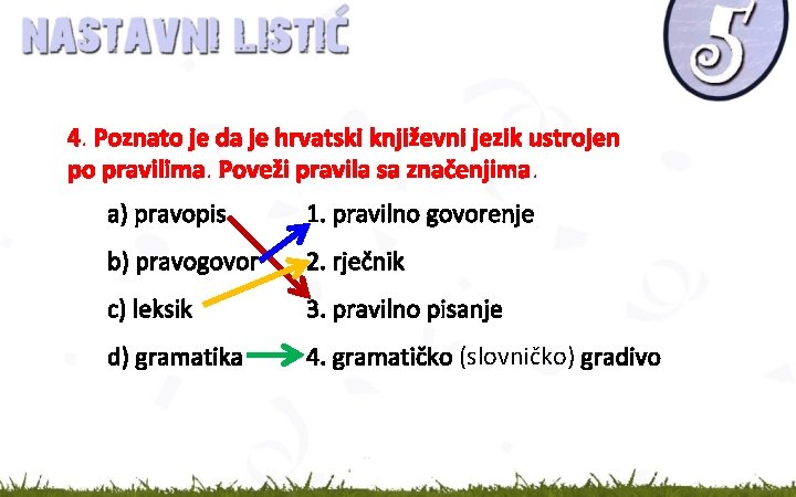 4. Poznato je da je hrvatski književni jezik ustrojen po pravilima. Poveži pravila sa