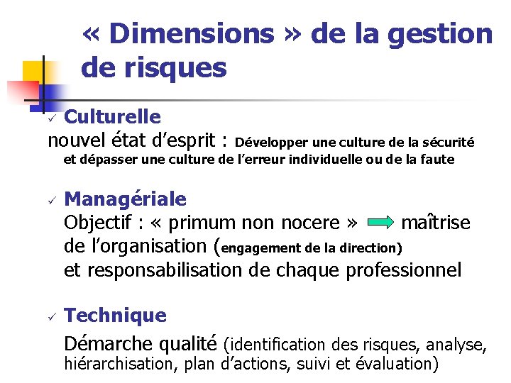  « Dimensions » de la gestion de risques Culturelle nouvel état d’esprit :
