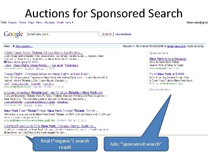 Auctions for Sponsored Search Real (“organic”) search result Ads: “sponsored search” 