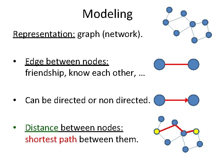 Modeling Representation: graph (network). • Edge between nodes: friendship, know each other, … •