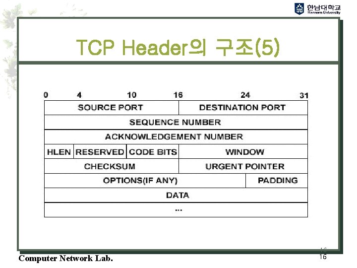 TCP Header의 구조(5) 16 Computer Network Lab. 16 