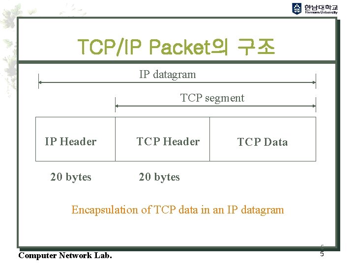 TCP/IP Packet의 구조 IP datagram TCP segment IP Header 20 bytes TCP Header TCP