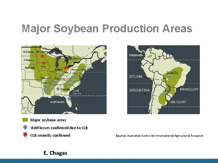 Major Soybean Production Areas COLOMBIA Gulf South Major soybean areas Yield losses confirmed due